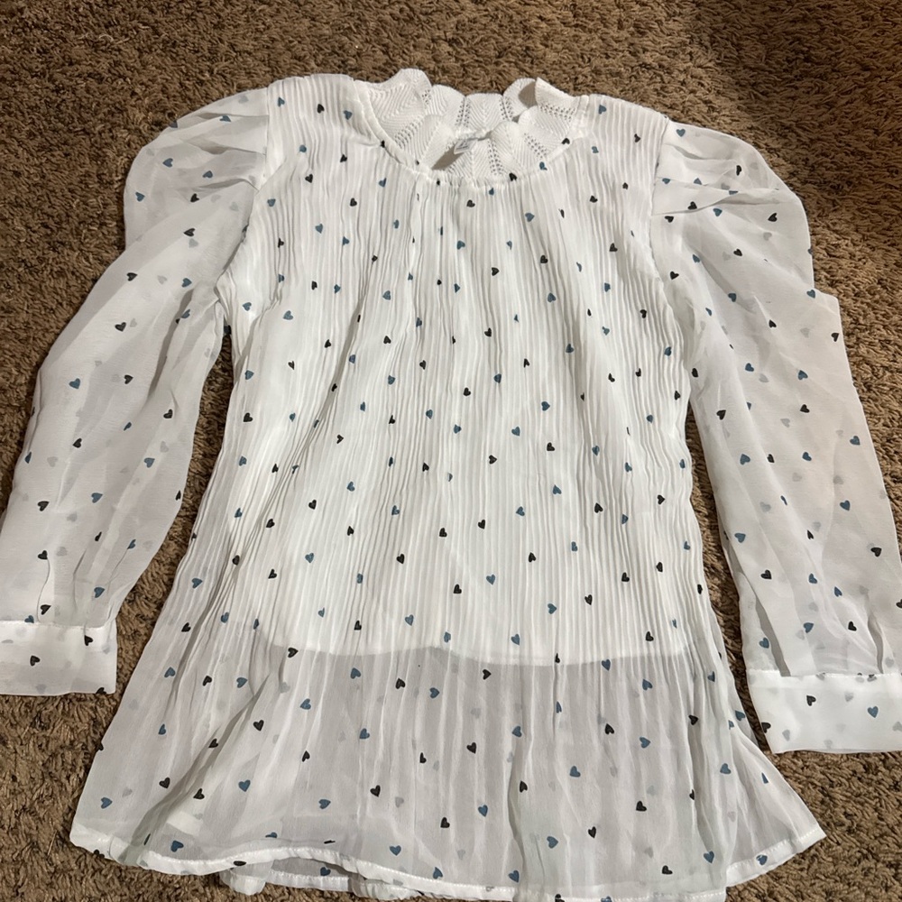 White and Blue Heart Print Women's Blouse